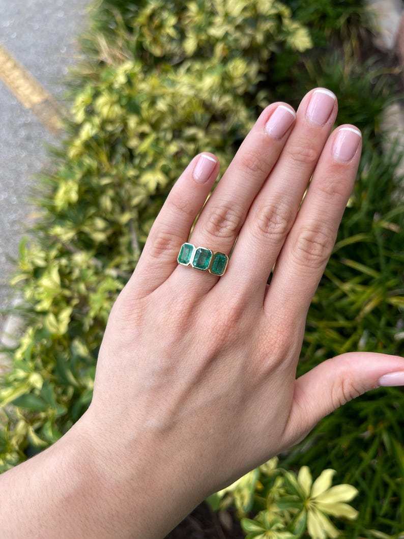 4.40tcw Bezel Set Emerald Cut Trilogy Ring Vintage Scroll Detail 14K Y