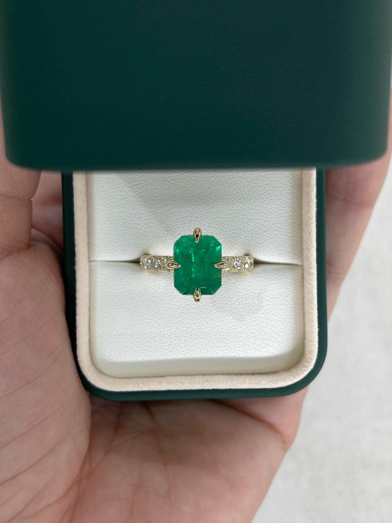 4.43TCW 18K AAA Emerald Cut Colombian Emerald Engagement Ring with Hidden Diamond Halo - JR Colombian Emeralds