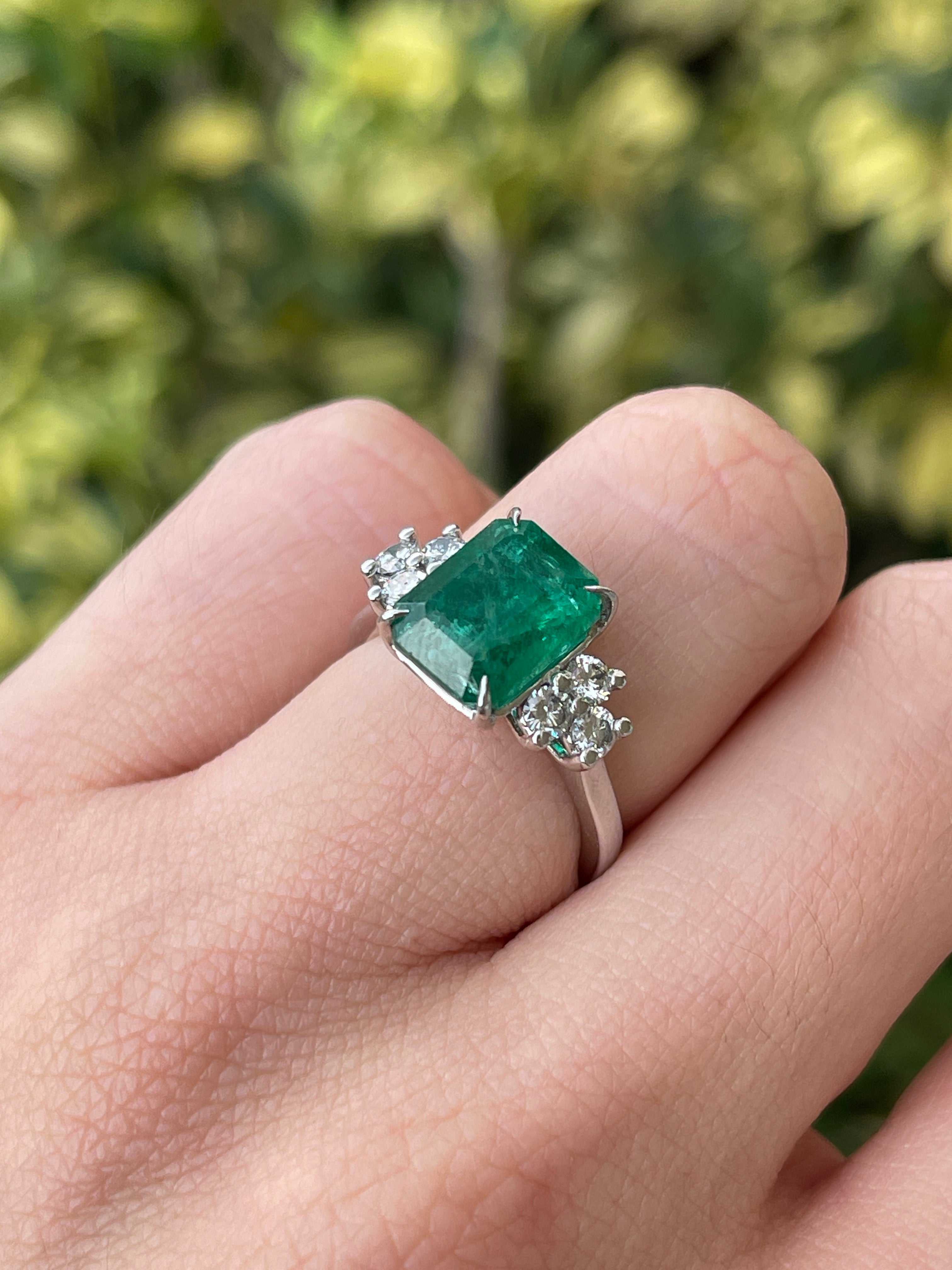 4.51tcw 14K Natural Dark Lush Green Emerald Brilliant Round Cut Diamond 7 Stone Engagement Ring - JR Colombian Emeralds
