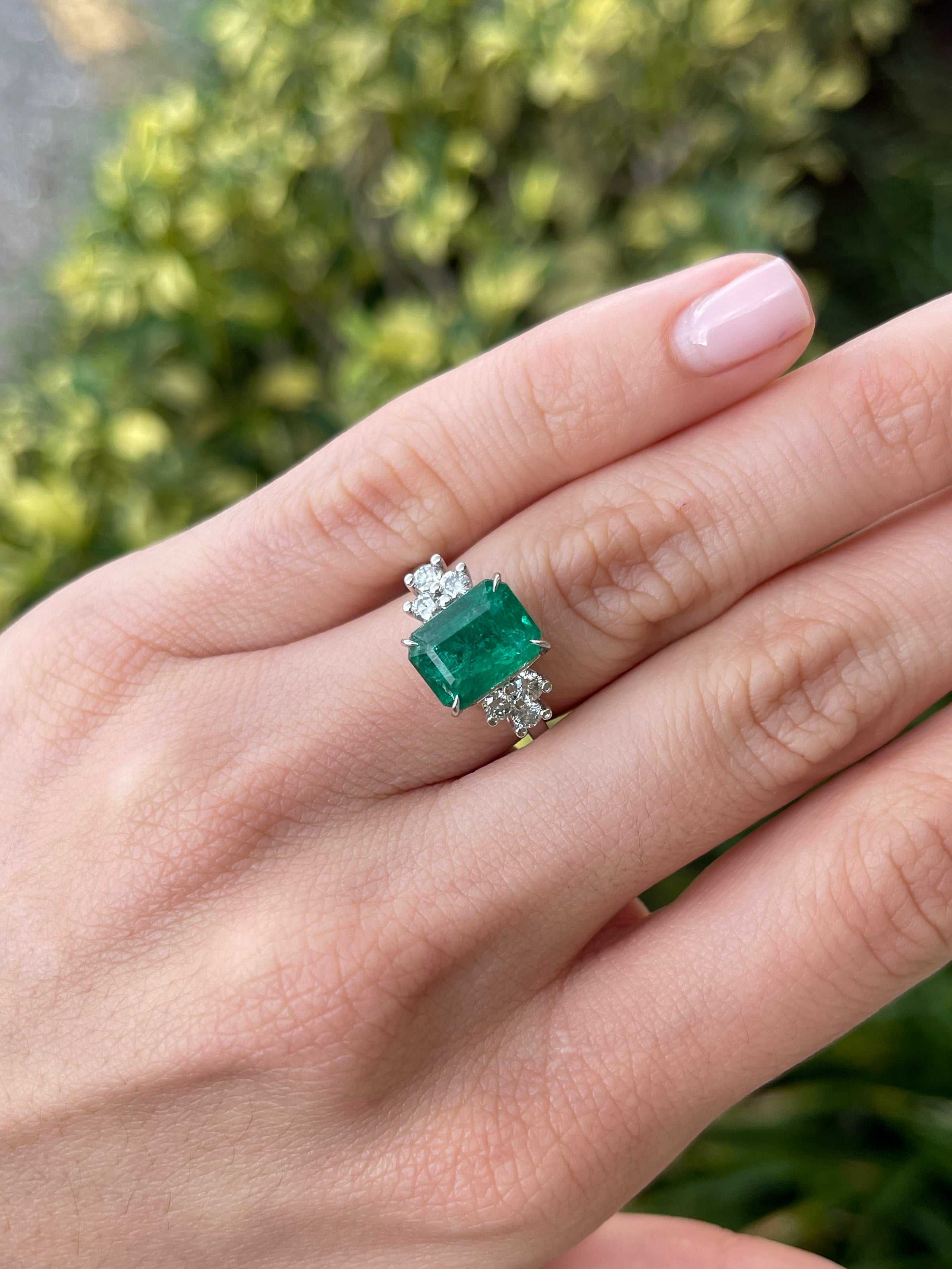 4.51tcw 14K Natural Dark Lush Green Emerald Brilliant Round Cut Diamond 7 Stone Engagement Ring - JR Colombian Emeralds