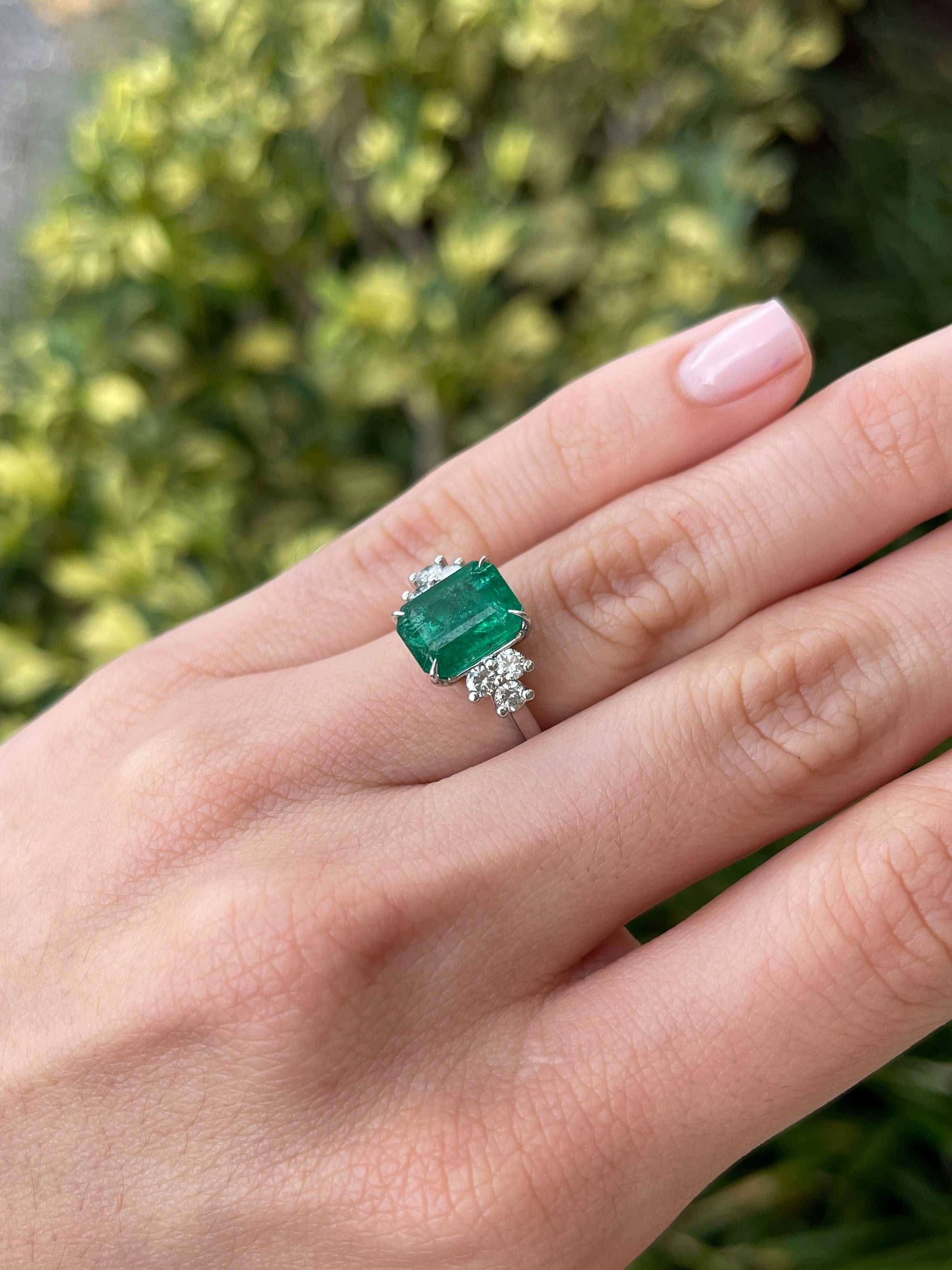 4.51tcw 14K Natural Dark Lush Green Emerald Brilliant Round Cut Diamond 7 Stone Engagement Ring - JR Colombian Emeralds