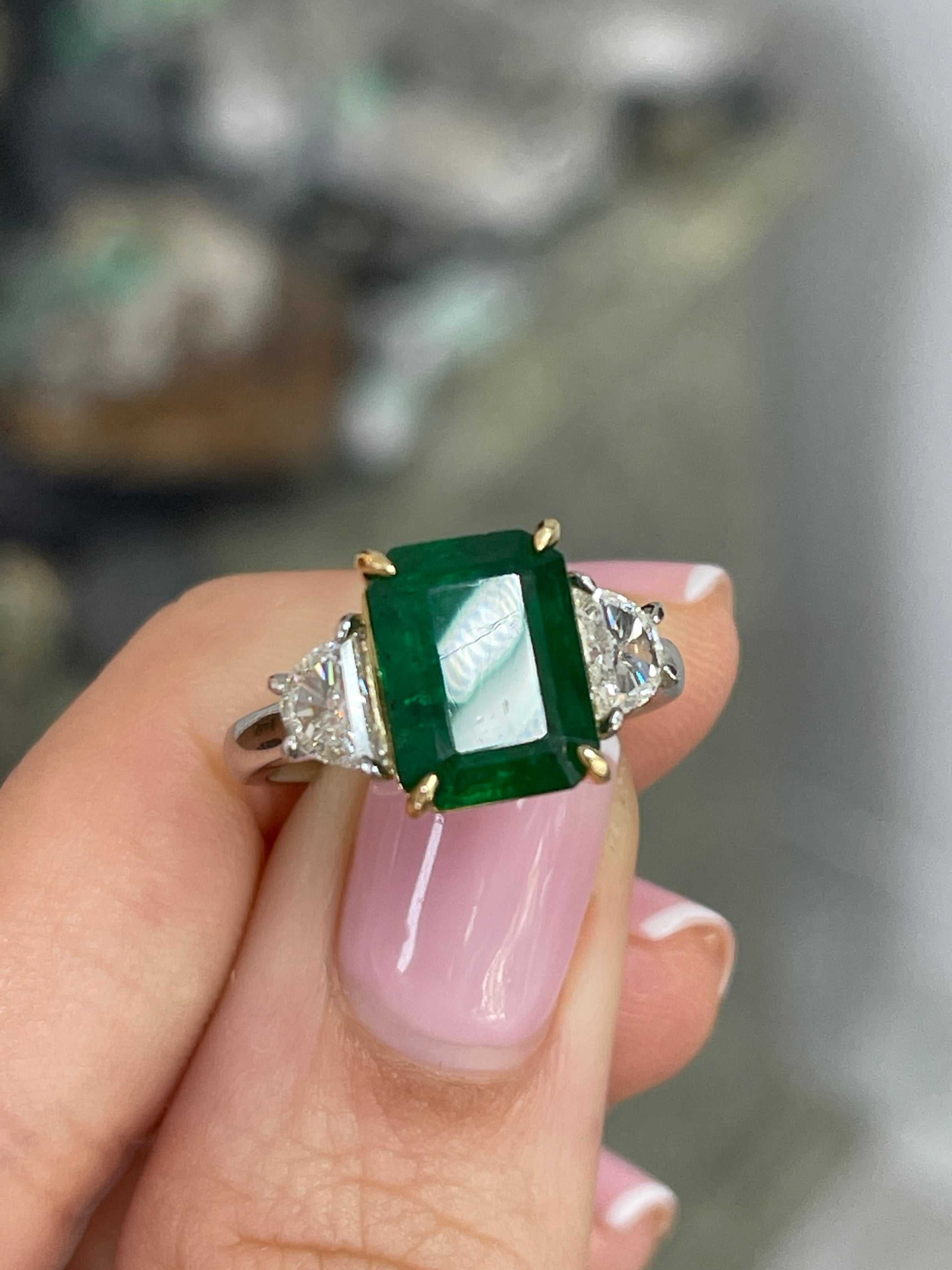 4.79tcw AAA Dark Green Emerald & VVS Diamond Three Stone Ring 18K Plat - JR Colombian Emeralds