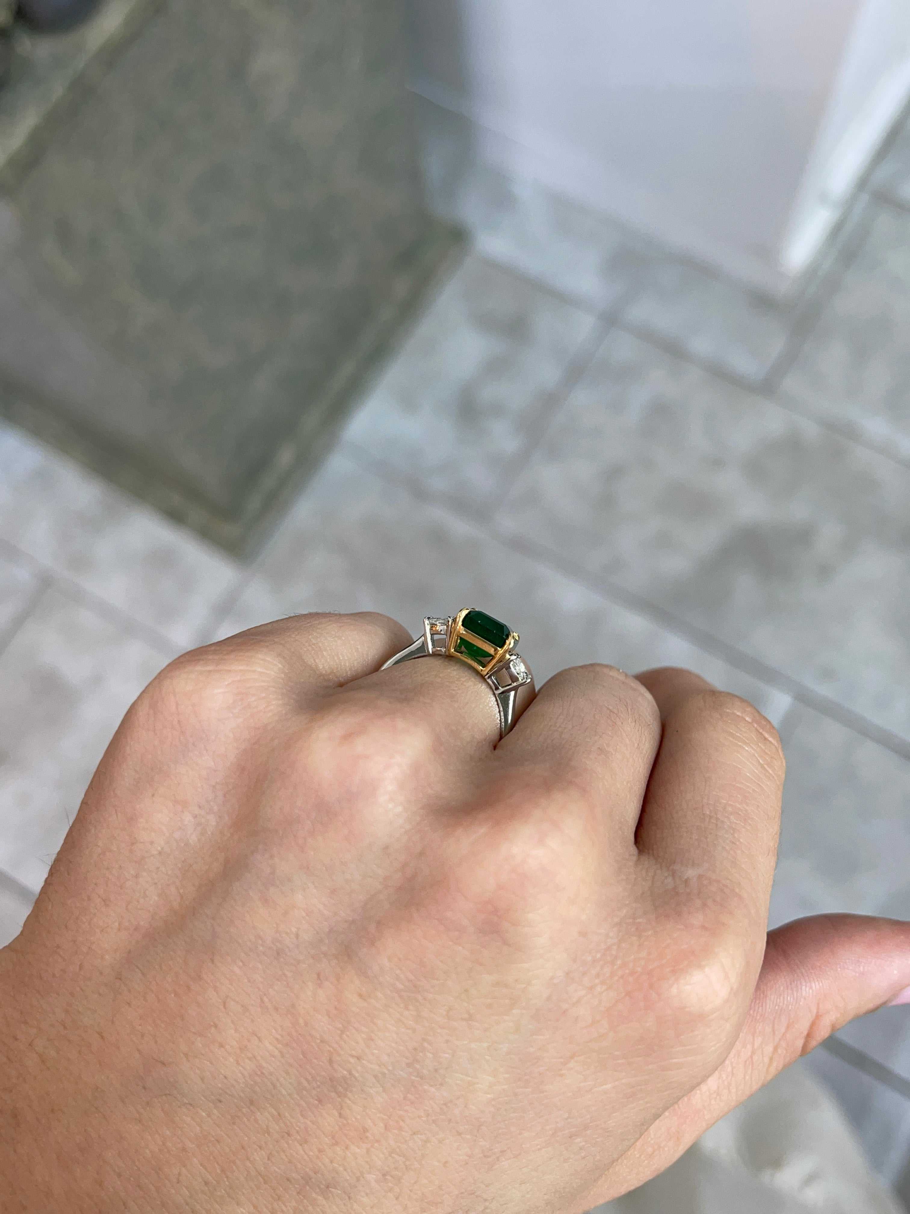 4.79tcw AAA Dark Green Emerald & VVS Diamond Three Stone Ring 18K Plat - JR Colombian Emeralds