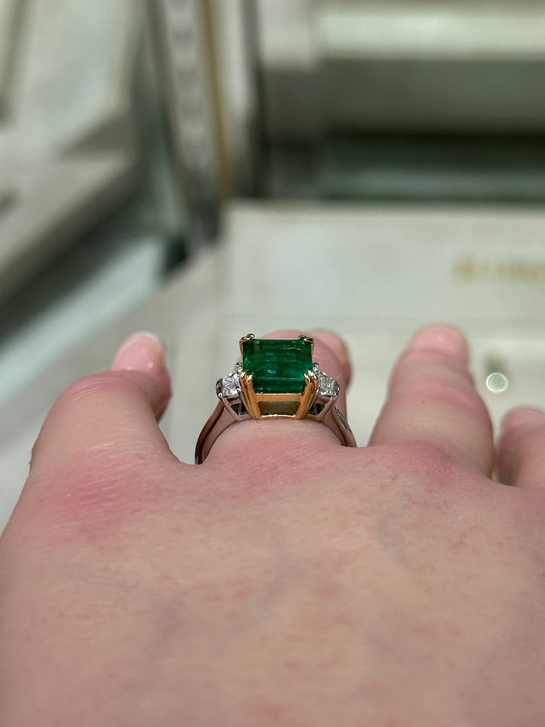 4.85tcw 18K Plat Asscher Cut Emerald & Trapezoid Diamond Statement Ring - JR Colombian Emeralds