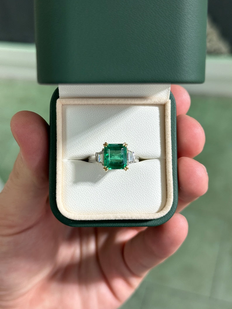 4.85tcw 18K Plat Asscher Cut Emerald & Trapezoid Diamond Statement Ring - JR Colombian Emeralds