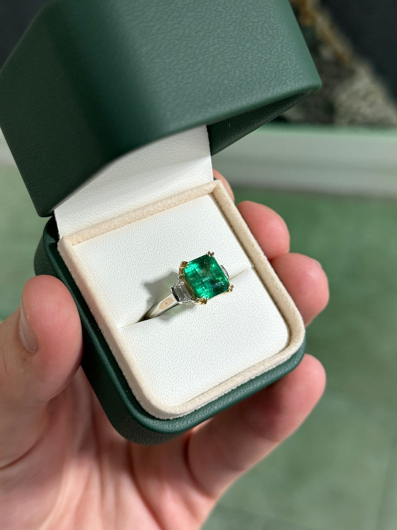 4.85tcw 18K Plat Asscher Cut Emerald & Trapezoid Diamond Statement Ring - JR Colombian Emeralds