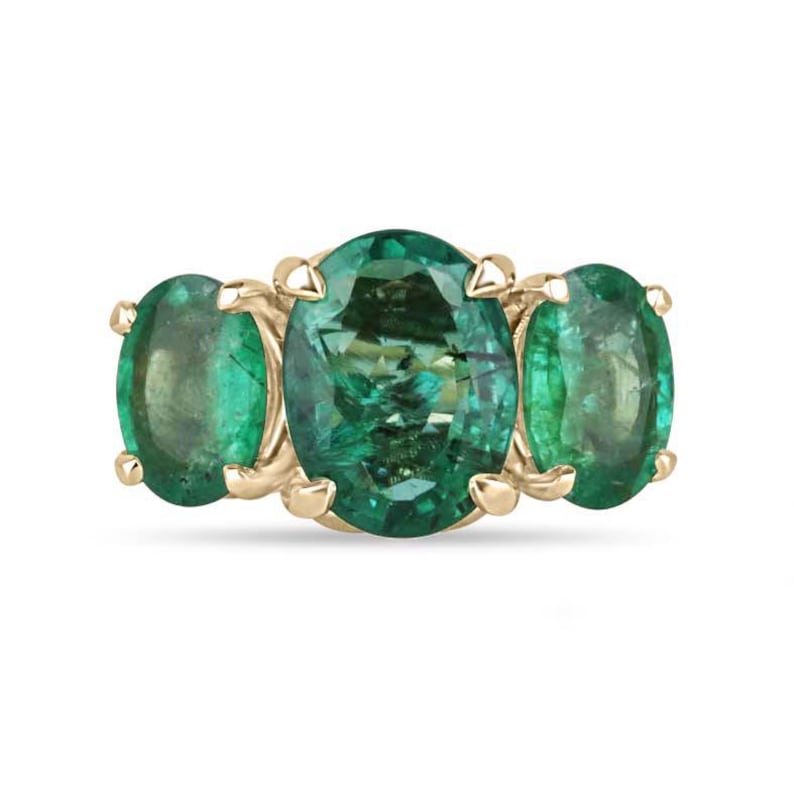 14K Three Stone Emerald Oval Ring with 4.86tcw | Ideal Gift for 25th Anniversary
