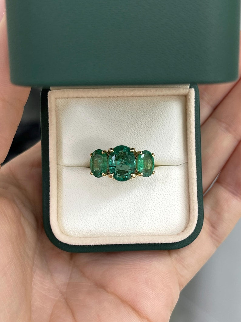 4.86tcw Three Stone Oval Emerald Ring in 14K | Perfect Choice for 25th Anniversary Celebrations