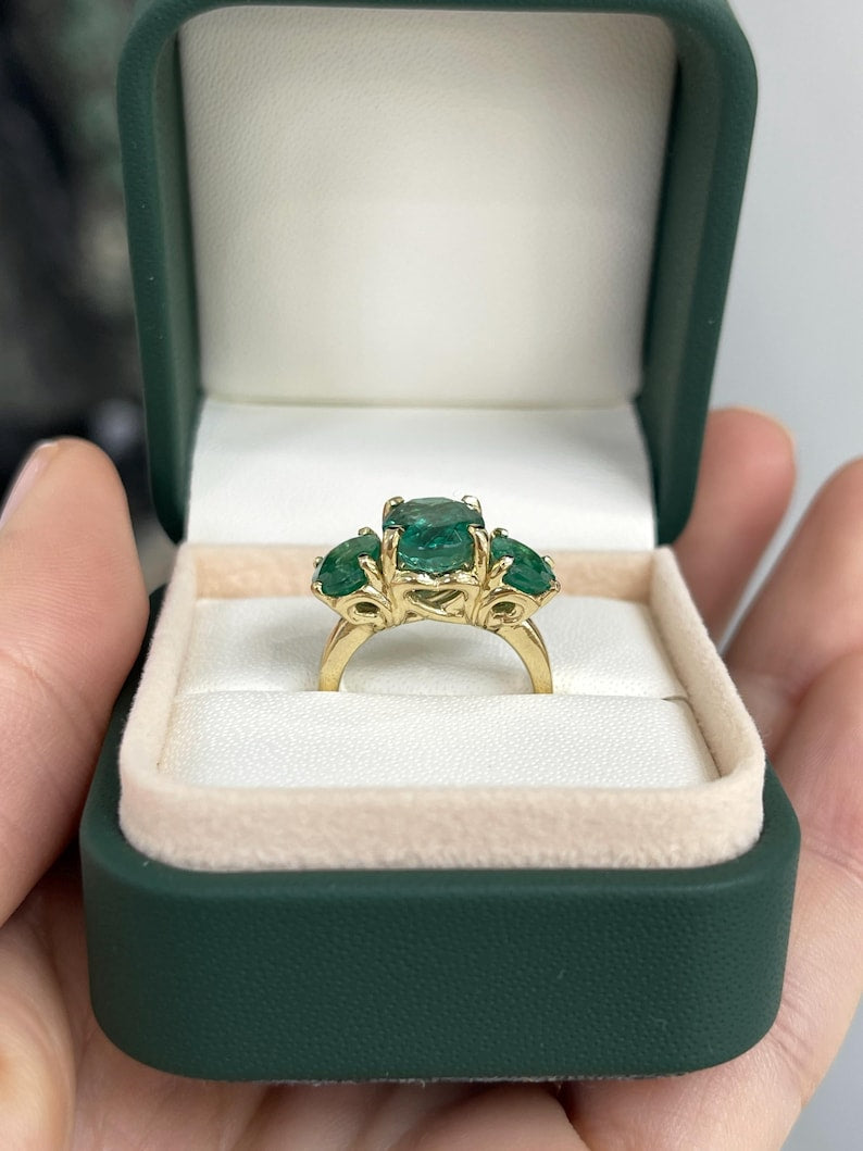 4.86tcw Emerald Oval Three Stone Anniversary Prong Ring 14K Gold - JR Colombian Emeralds