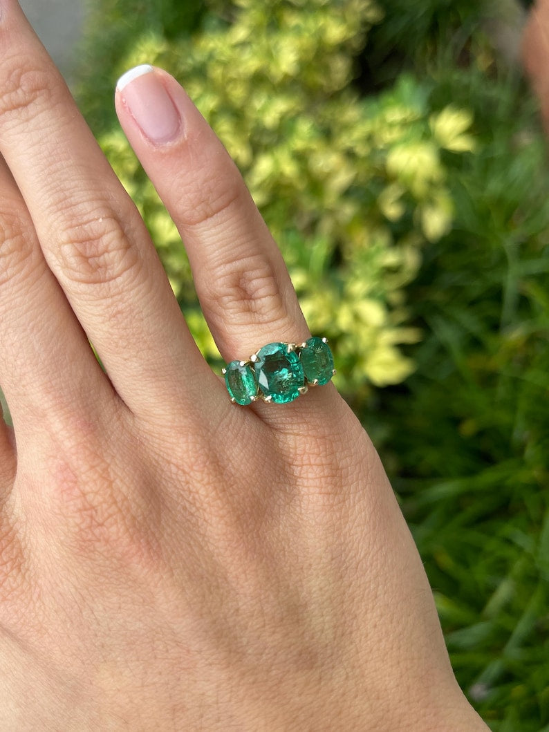 4.86tcw Emerald Oval Three Stone Anniversary Prong Ring 14K Gold - JR Colombian Emeralds