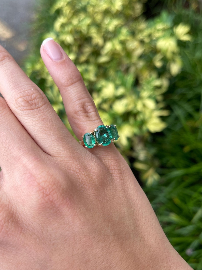 4.86tcw Emerald Oval Three Stone Anniversary Prong Ring 14K Gold - JR Colombian Emeralds