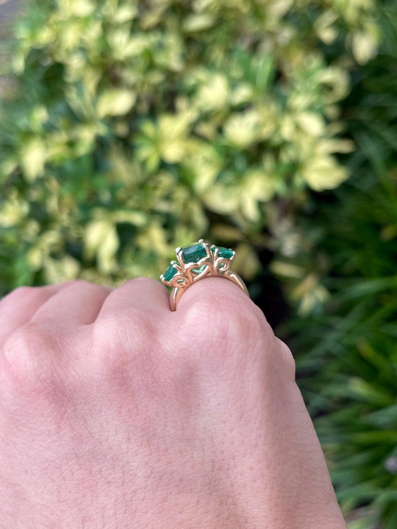 4.86tcw Emerald Oval Three Stone Anniversary Prong Ring 14K Gold - JR Colombian Emeralds
