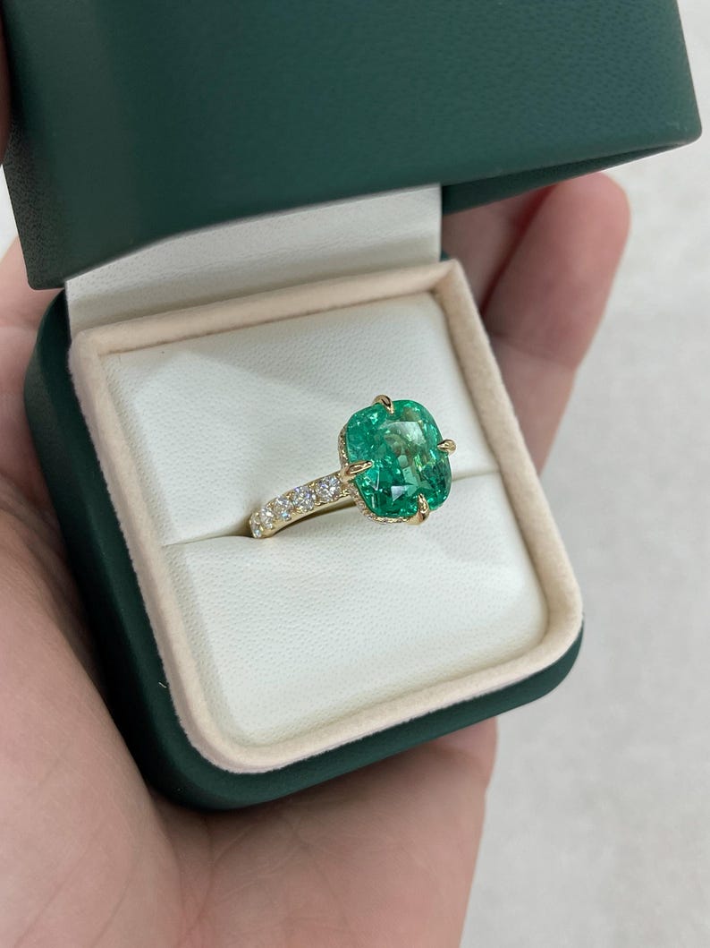 6.54tcw AAA Cushion Emerald Solitaire Engagement Ring with Diamond Accents 18K - JR Colombian Emeralds