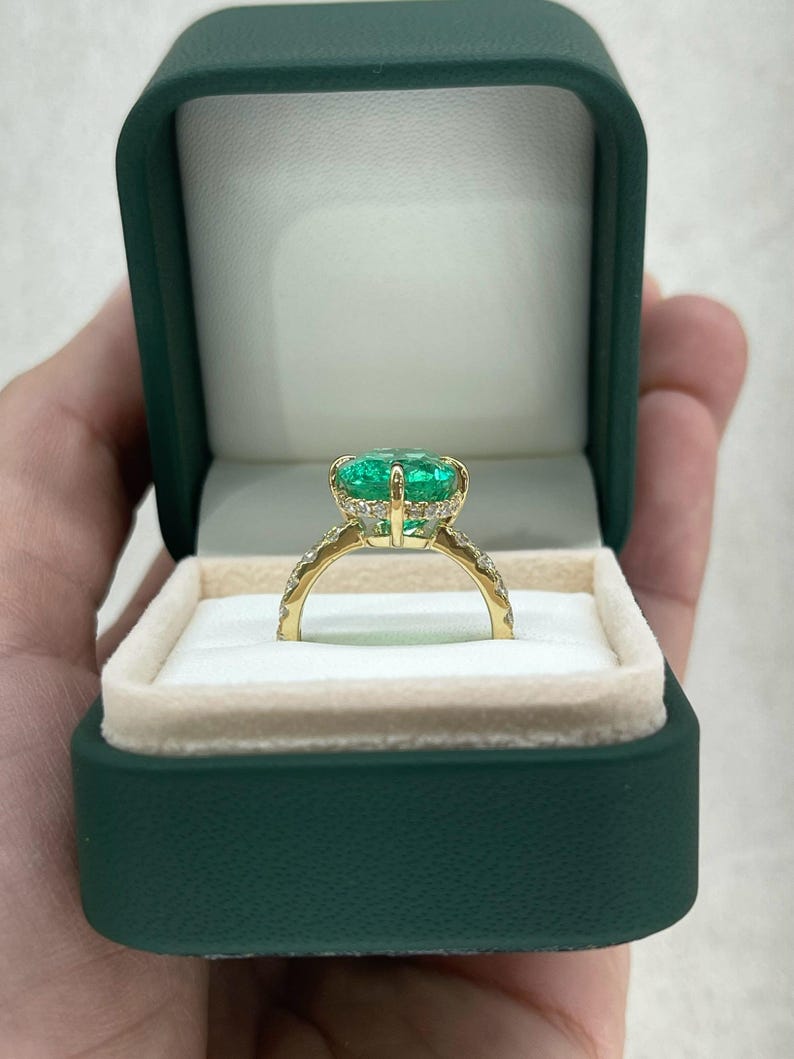 6.54tcw AAA Cushion Emerald Solitaire Engagement Ring with Diamond Accents 18K - JR Colombian Emeralds