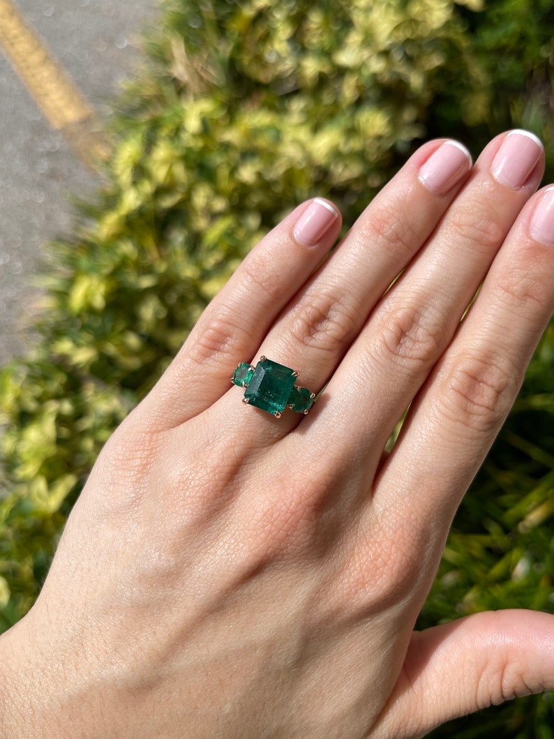 6.98tcw Dark Green Emerald Cut & Round Trilogy Three Stone Engagement ring 14K Rose - JR Colombian Emeralds