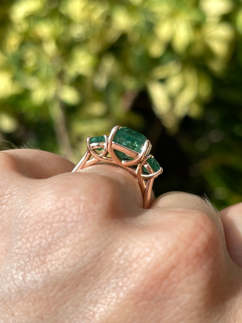 6.98tcw Dark Green Emerald Cut & Round Trilogy Three Stone Engagement ring 14K Rose - JR Colombian Emeralds