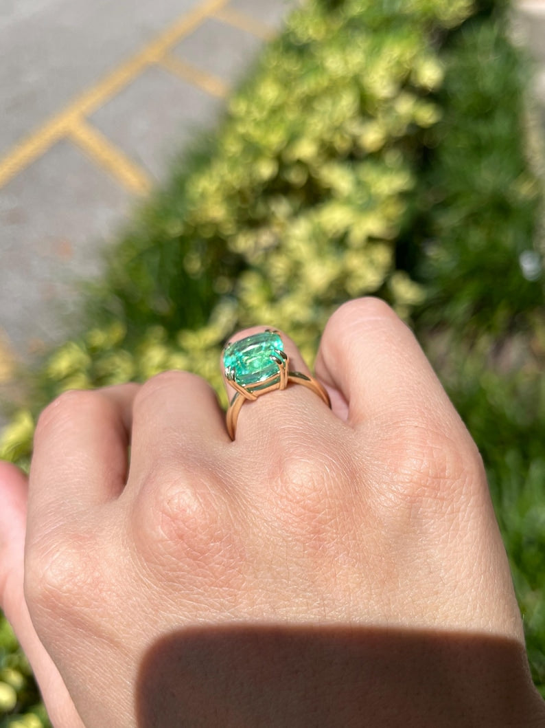 7.14ct 14K Big Cushion Colombian Emerald Double Prong Solitaire Anniversary Ring - JR Colombian Emeralds