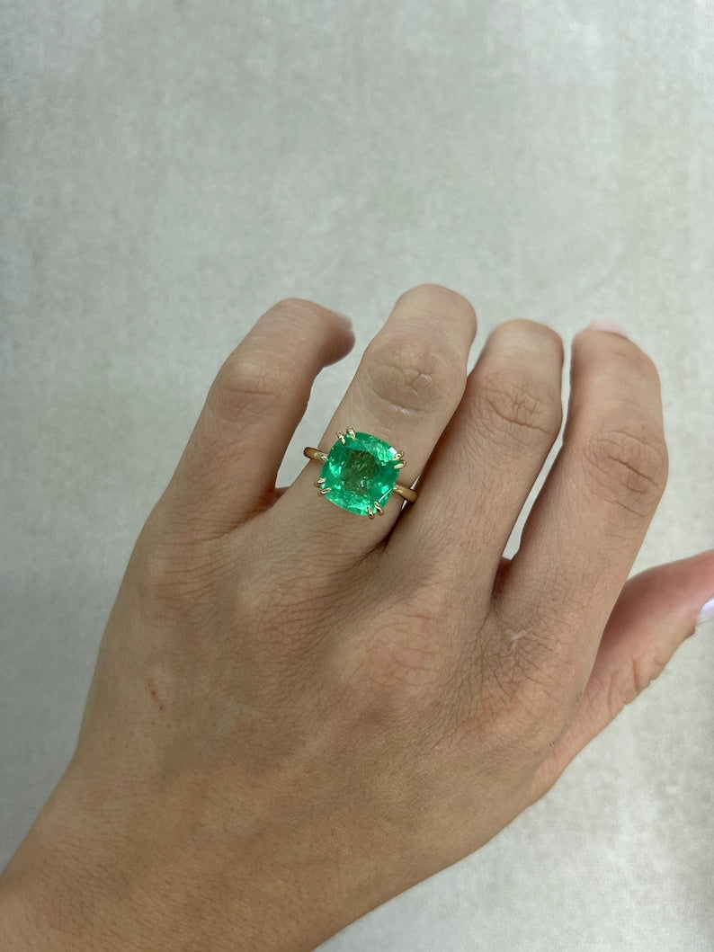 7.14ct 14K Big Cushion Colombian Emerald Double Prong Solitaire Anniversary Ring - JR Colombian Emeralds
