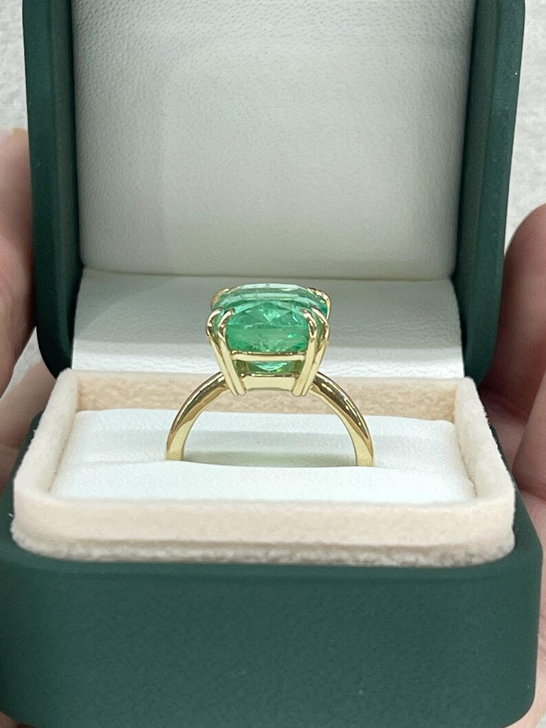 7.14ct 14K Big Cushion Colombian Emerald Double Prong Solitaire Anniversary Ring - JR Colombian Emeralds