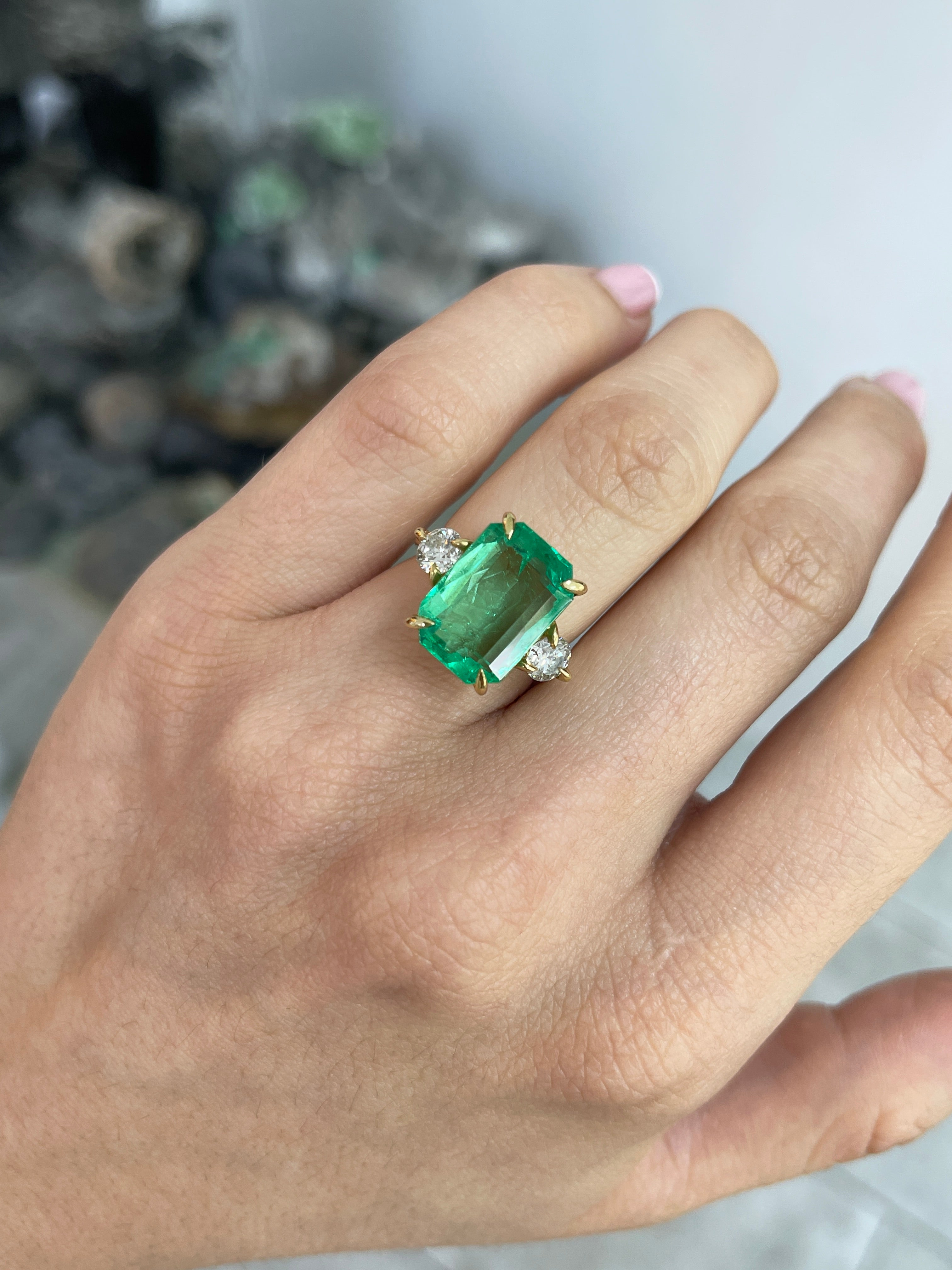 8.92tcw 18K Transparent Vivid Medium Green Emerald Cut Diamond 3 Stone Ring - JR Colombian Emeralds