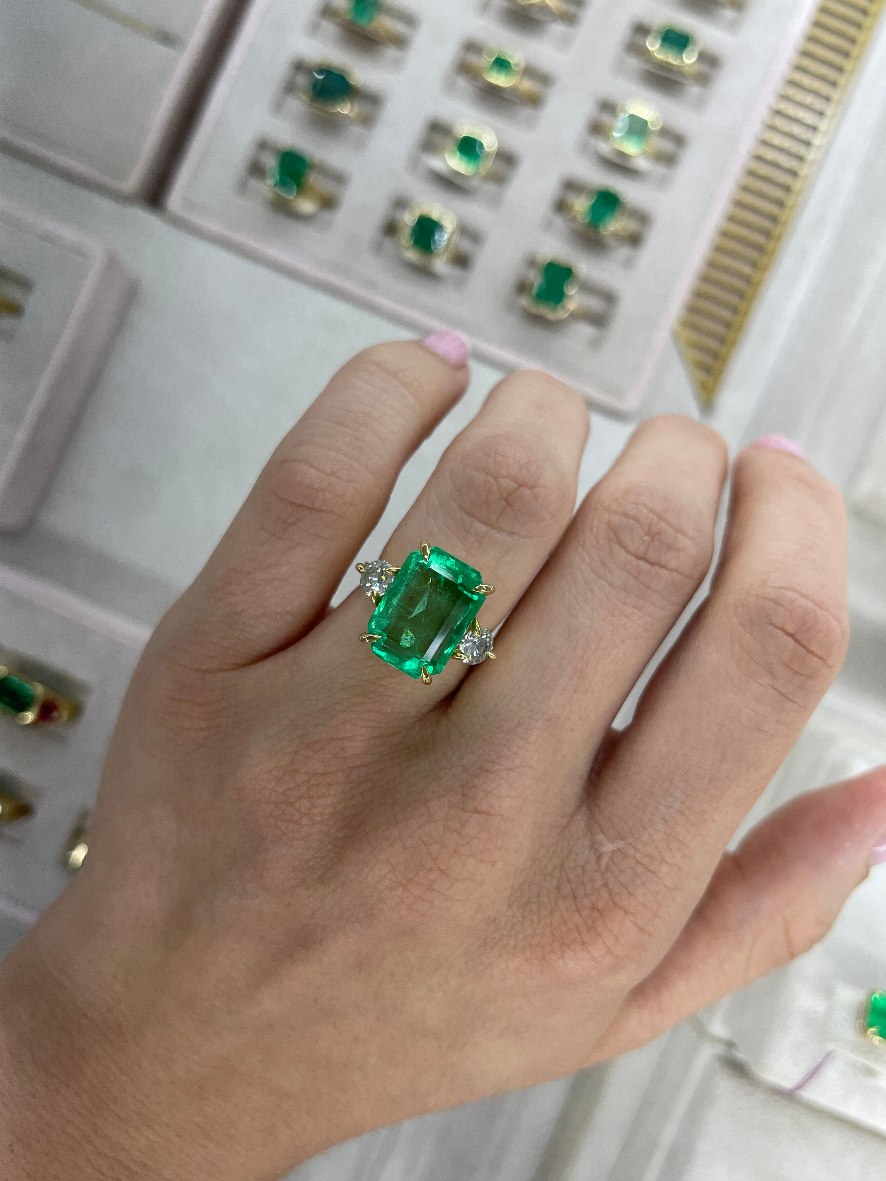 8.92tcw 18K Transparent Vivid Medium Green Emerald Cut Diamond 3 Stone Ring - JR Colombian Emeralds