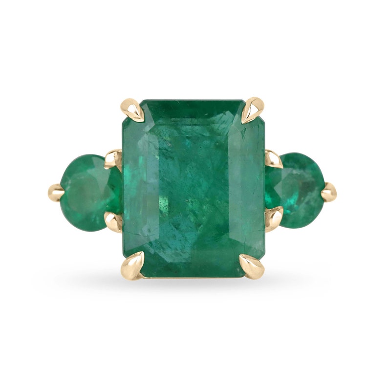 Stunning 9.21tcw Emerald Trilogy Ring in 18K Yellow Gold