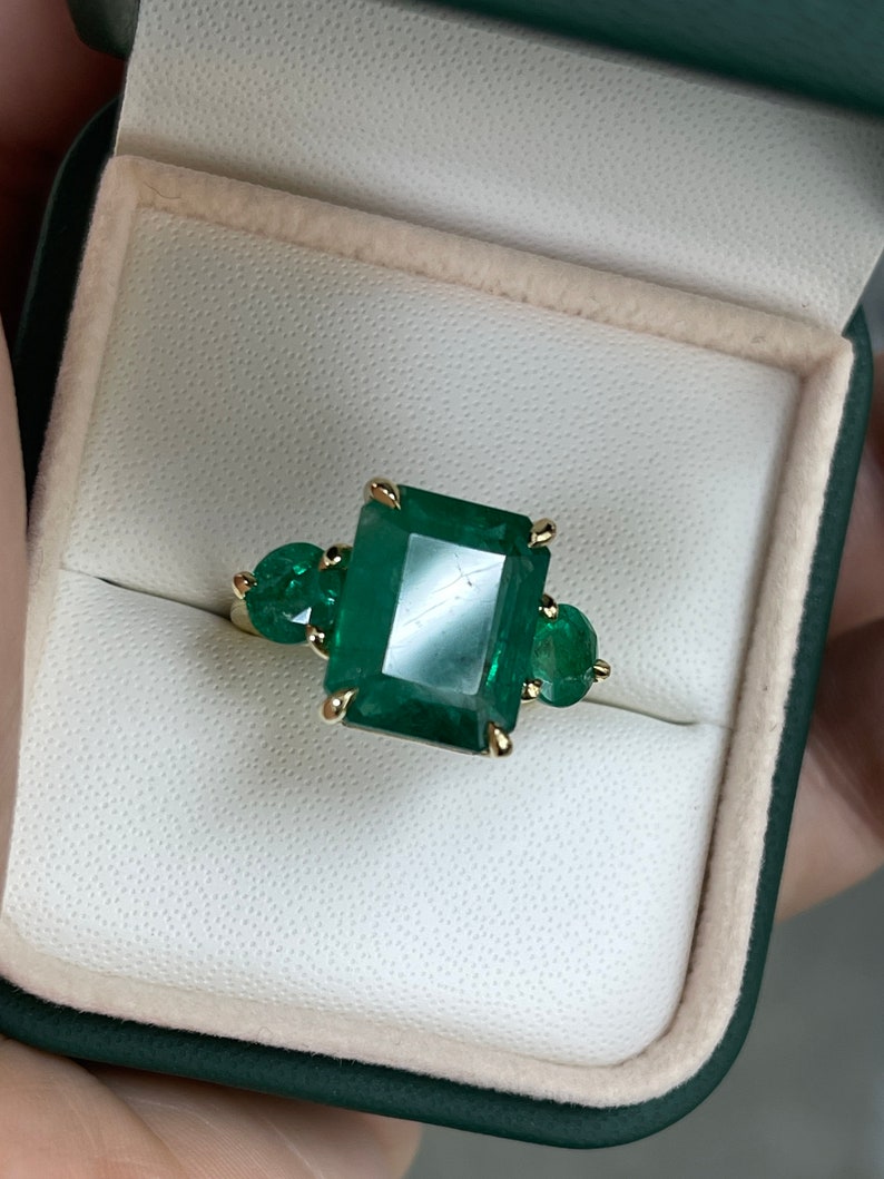9.21tcw Large Dark Vibrant Green Emerald Trilogy Engagement Ring 18K Yellow Gold - JR Colombian Emeralds