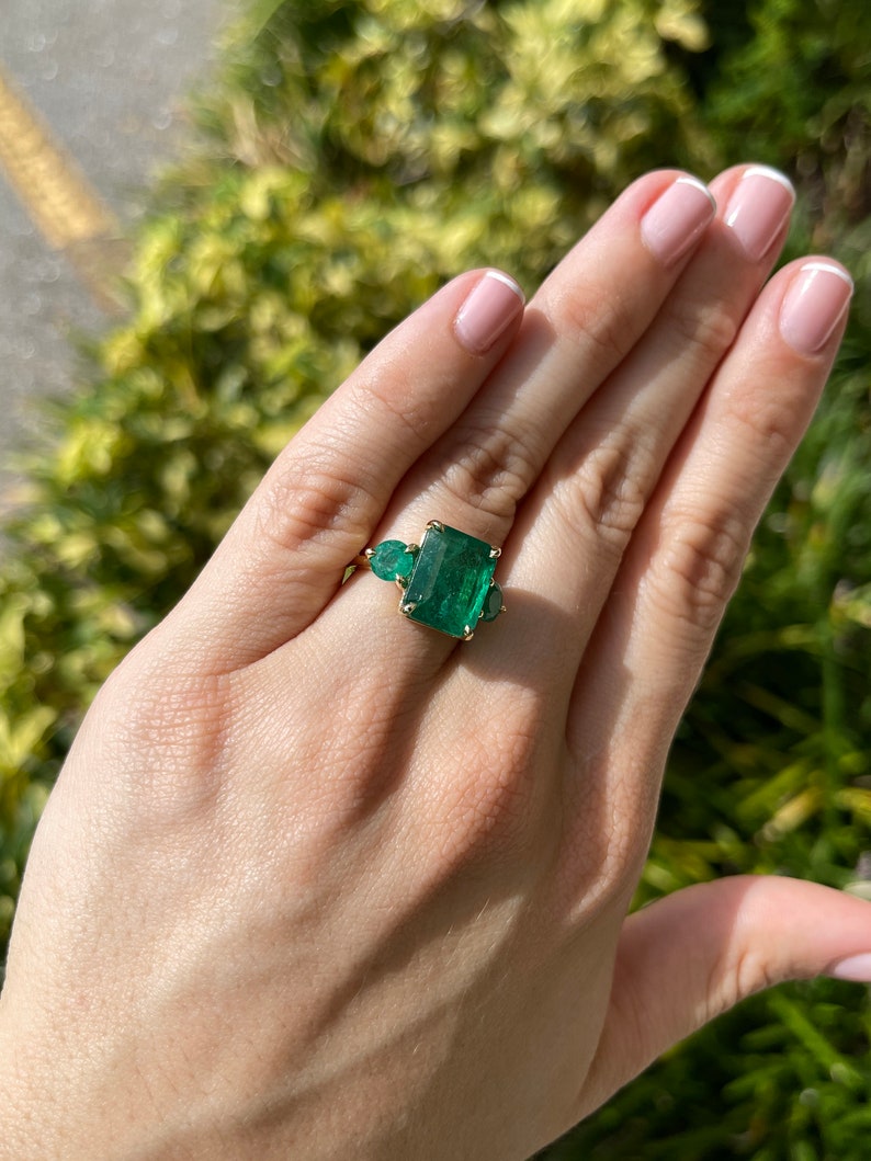 9.21tcw Large Dark Vibrant Green Emerald Trilogy Engagement Ring 18K Yellow Gold - JR Colombian Emeralds