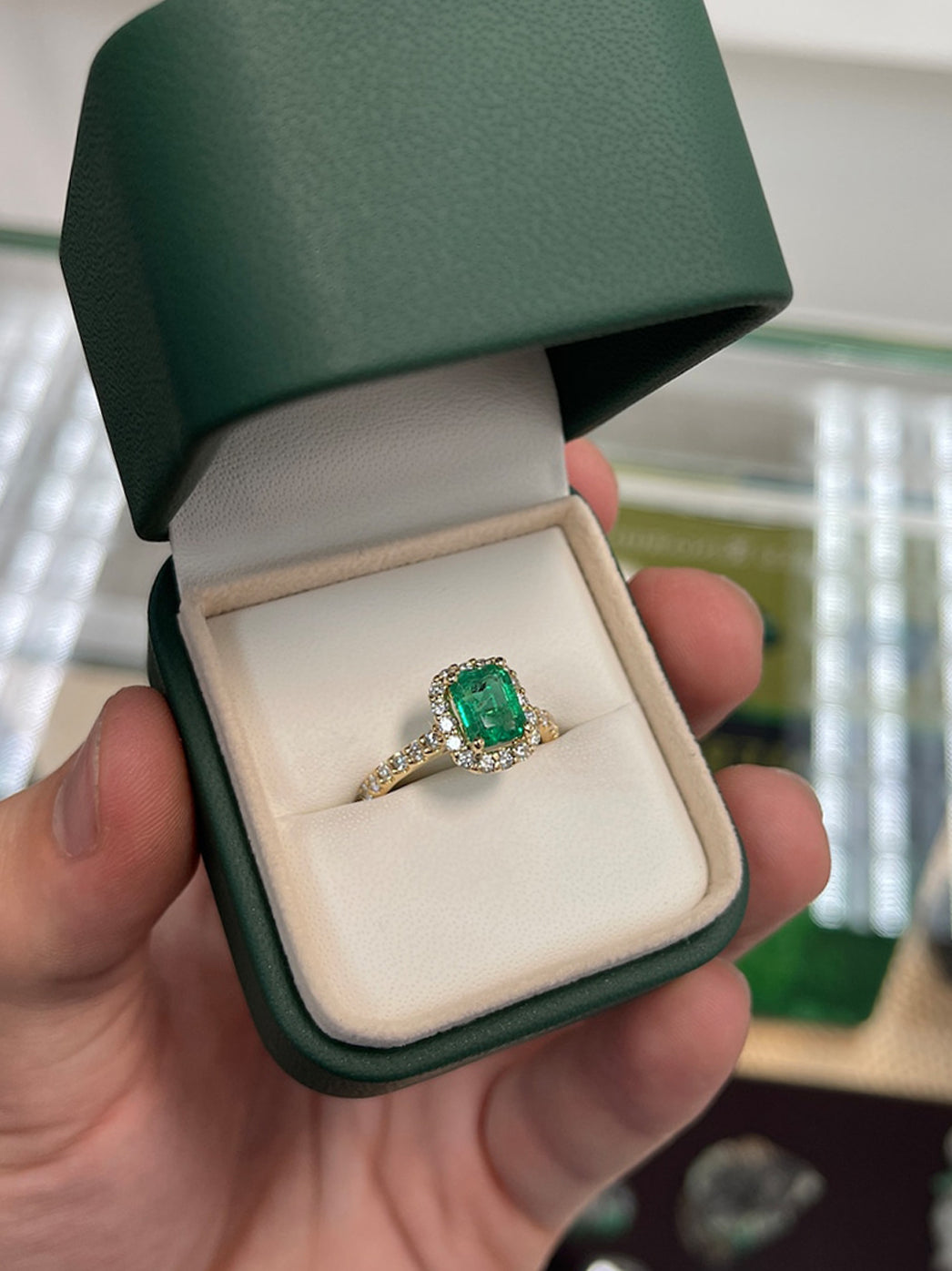 2.30tcw 14K High Quality Vivid Green Real Emerald & Diamond Halo Engagement Ring - JR Colombian Emeralds