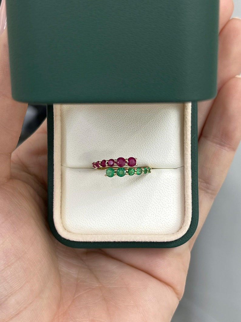 Elegant 14K Gold Stacking Ring with 0.95tcw Natural Emerald and Ruby Bypass Style