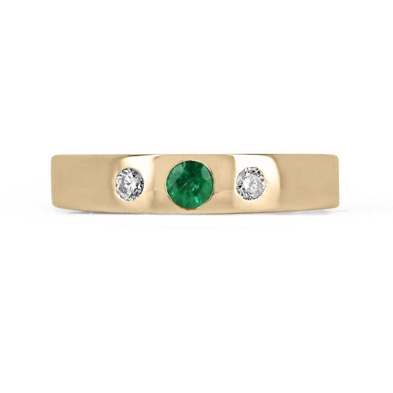 0.32tcw medium dark green emerald and diamond three-stone 14K gold band ring.