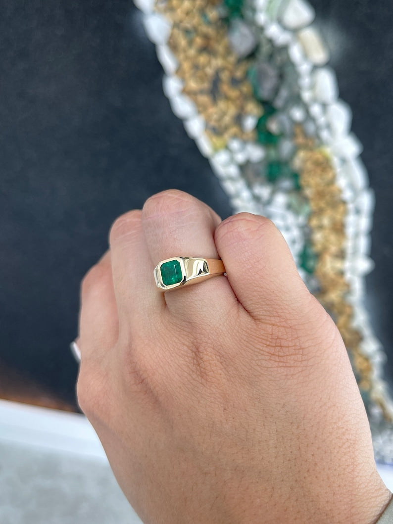 1.17ct 14K Deep Alpine Green Asscher Cut Unisex Emerald Solitaire Ring