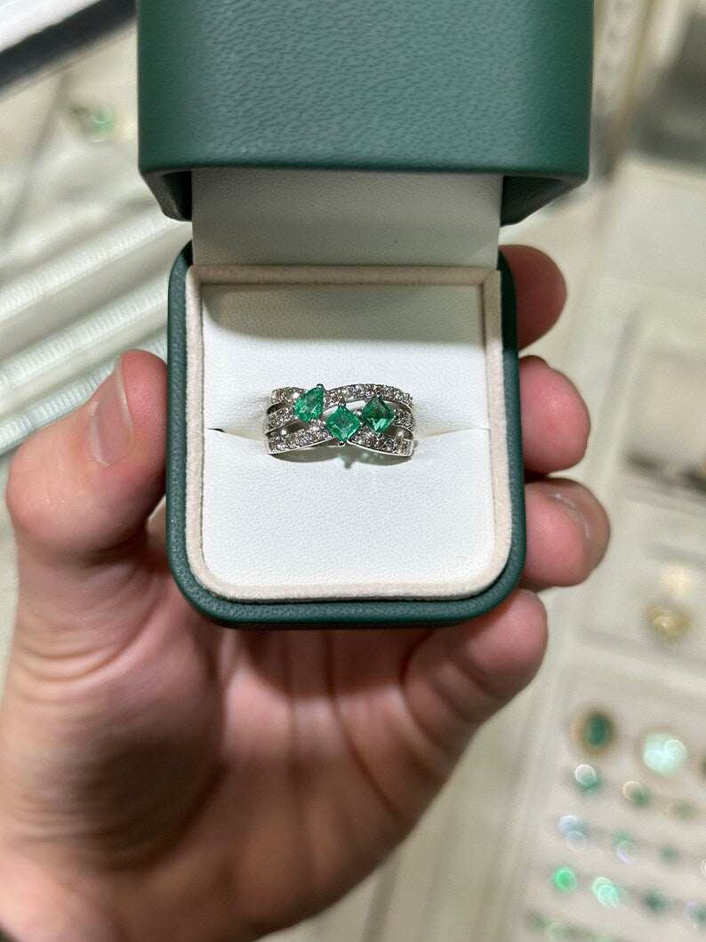 14K natural emerald and diamond accent princess cut statement ring featuring a three-stone design and pave shank, by Colombian Emerald.