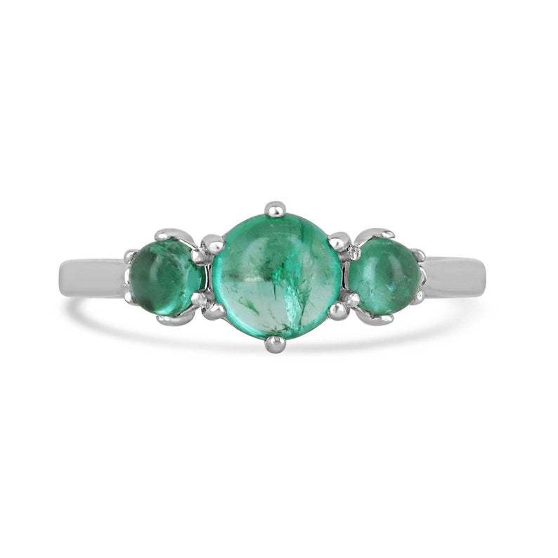 1.30tcw 14K gold trilogy ring with round cabochon cut emeralds in a 6-prong setting