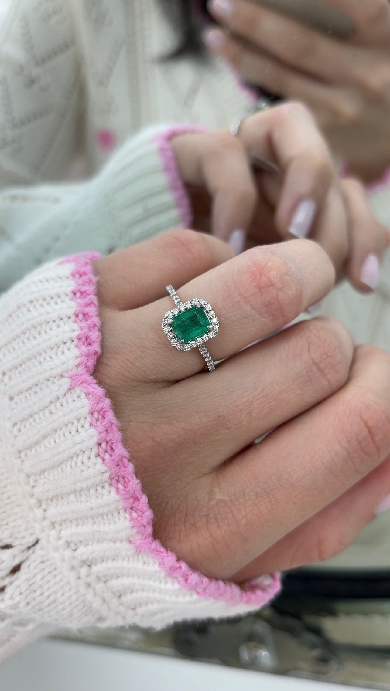 1.81tcw 14K Gold Lush Rich Green Emerald Cut Diamond Halo Shank Accent Engagement Ring - JR Colombian Emeralds