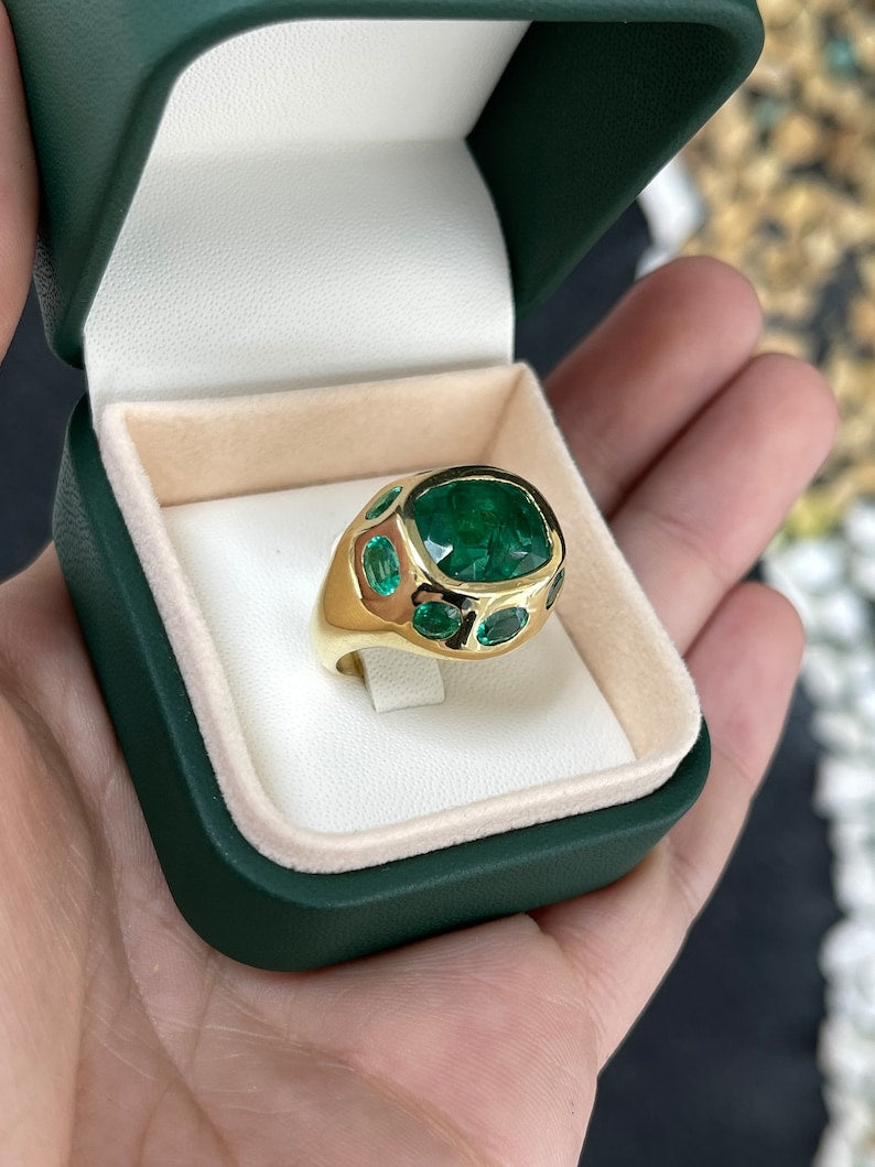 11.61tcw 18K Gold Cushion Oval Cut Natural Multi-Emerald Gypsy Statement 9 Stone Ring - JR Colombian Emeralds