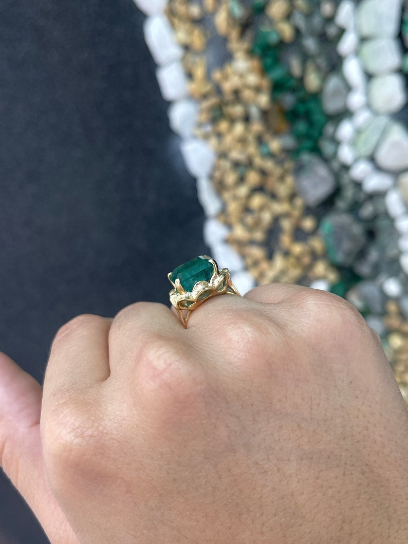 12.76ct 14K Gold Massive Emerald Cut Lush Dark Green Solitaire