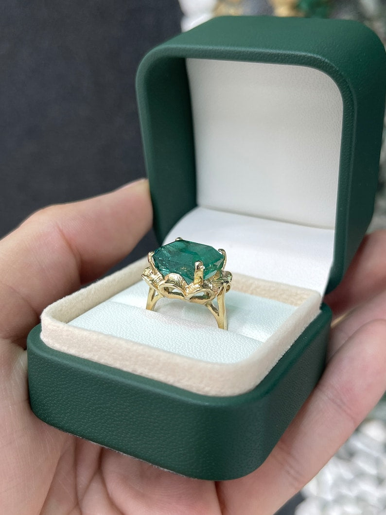12.76ct 14K Gold Massive Emerald Cut Lush Dark Green Solitaire