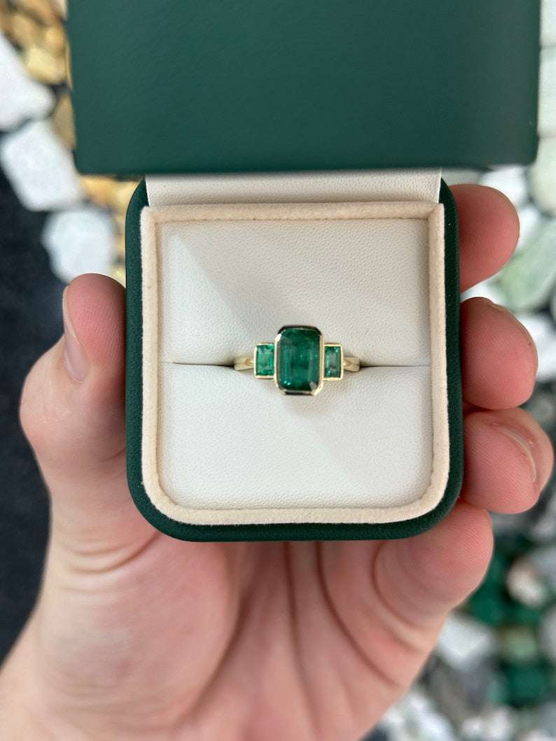 2.30tcw Natural Emerald Cut Trilogy Lush Dark Green 3 Stone Gold Ring 
