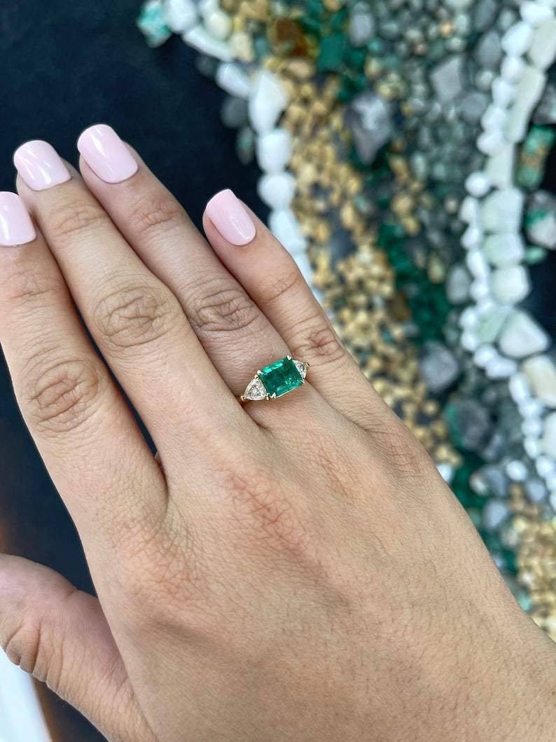 2.58tcw 14K Gold East-West Emerald & Trillion Cut Diamond 3 Stone