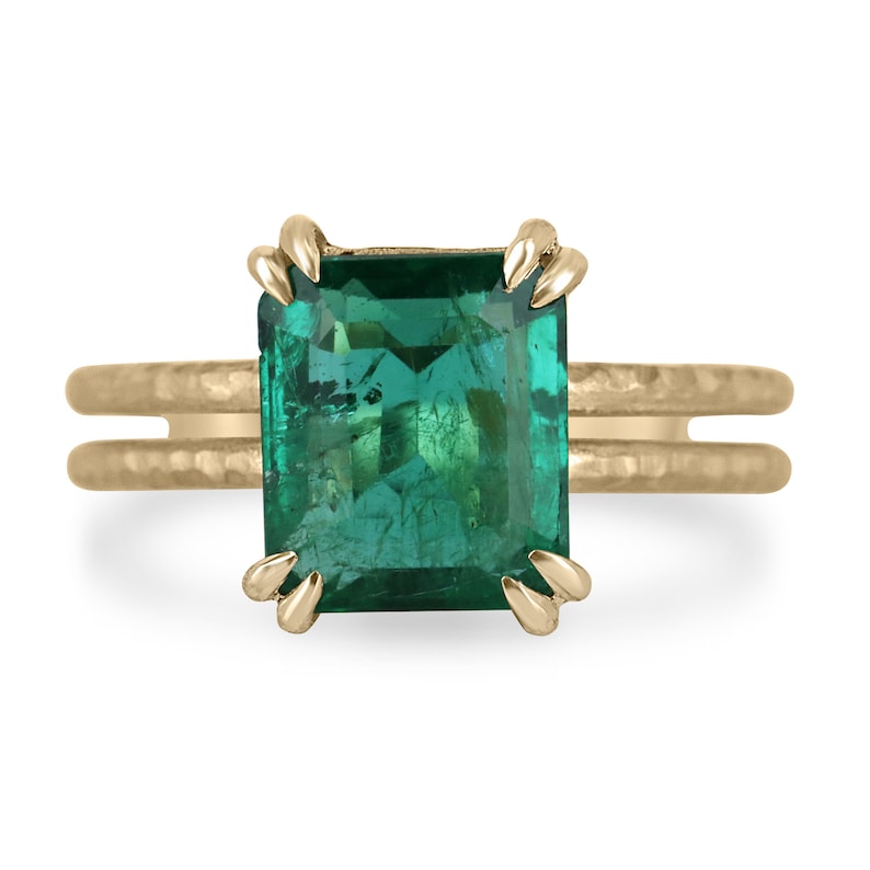 14K gold ladies emerald ring with hammered finish and split shank design, featuring a 3.43ct Colombian earth-mined emerald gemstone.