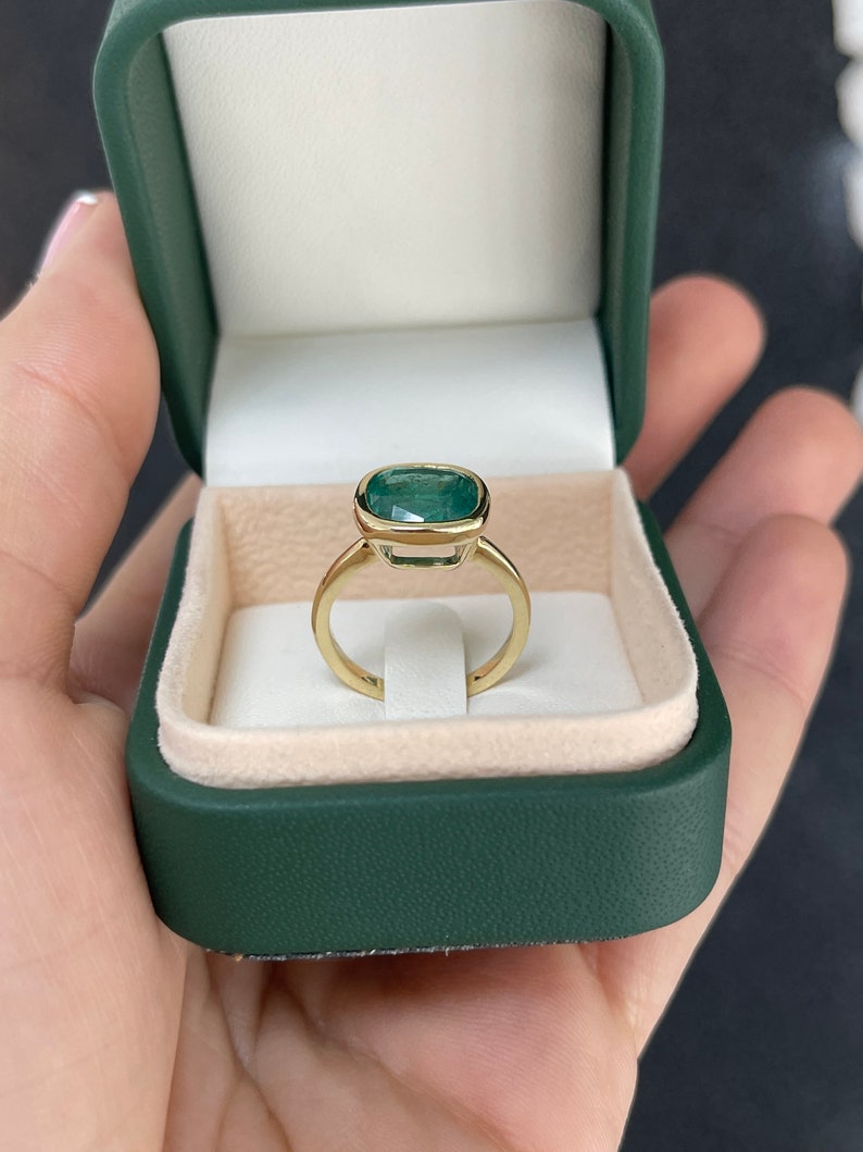 Deep ocean green 3.83ct cushion cut emerald engagement ring in 14K gold, featuring Colombian emerald for ladies.