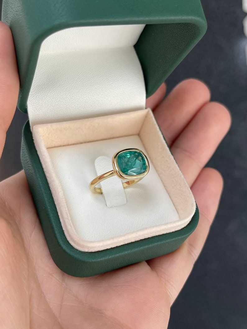 14K gold emerald engagement ring with a 3.83ct deep ocean green cushion cut Colombian emerald for ladies.