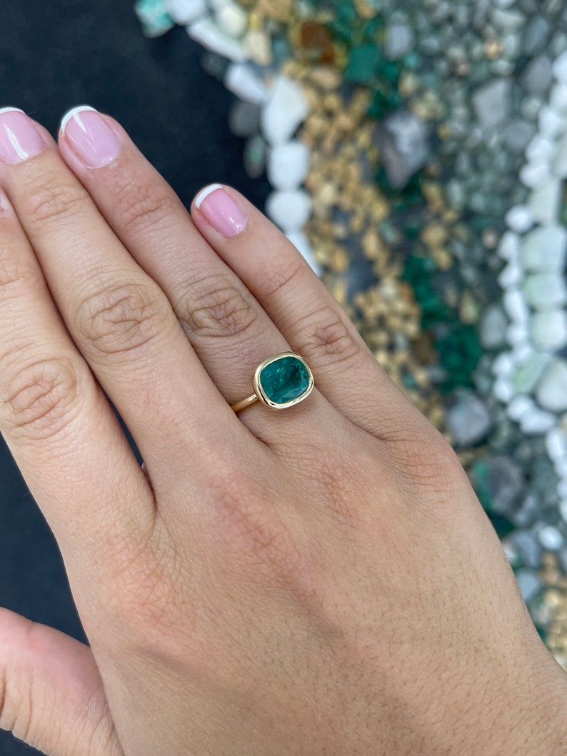 Deep ocean green cushion cut emerald engagement ring in 14K gold, featuring a 3.83ct Colombian emerald for ladies.