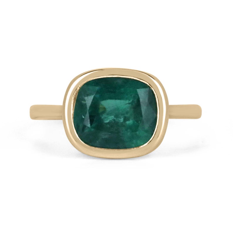 Deep ocean green cushion cut emerald engagement ring in 14K gold with Colombian emerald, designed for ladies.