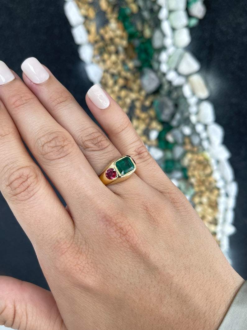 4.95tcw 18K Gold 3 Stone Emerald & Oval Reddish Pink Sapphire Gypsy Ring - JR Colombian Emeralds
