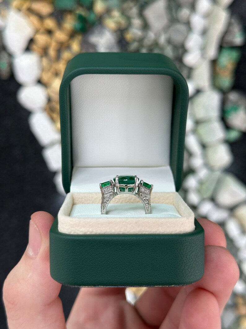 6.07tcw 14K Gold Natural Oval Cut Dark Green Emerald Trilogy 3 Stone Diamond Ring - JR Colombian Emeralds