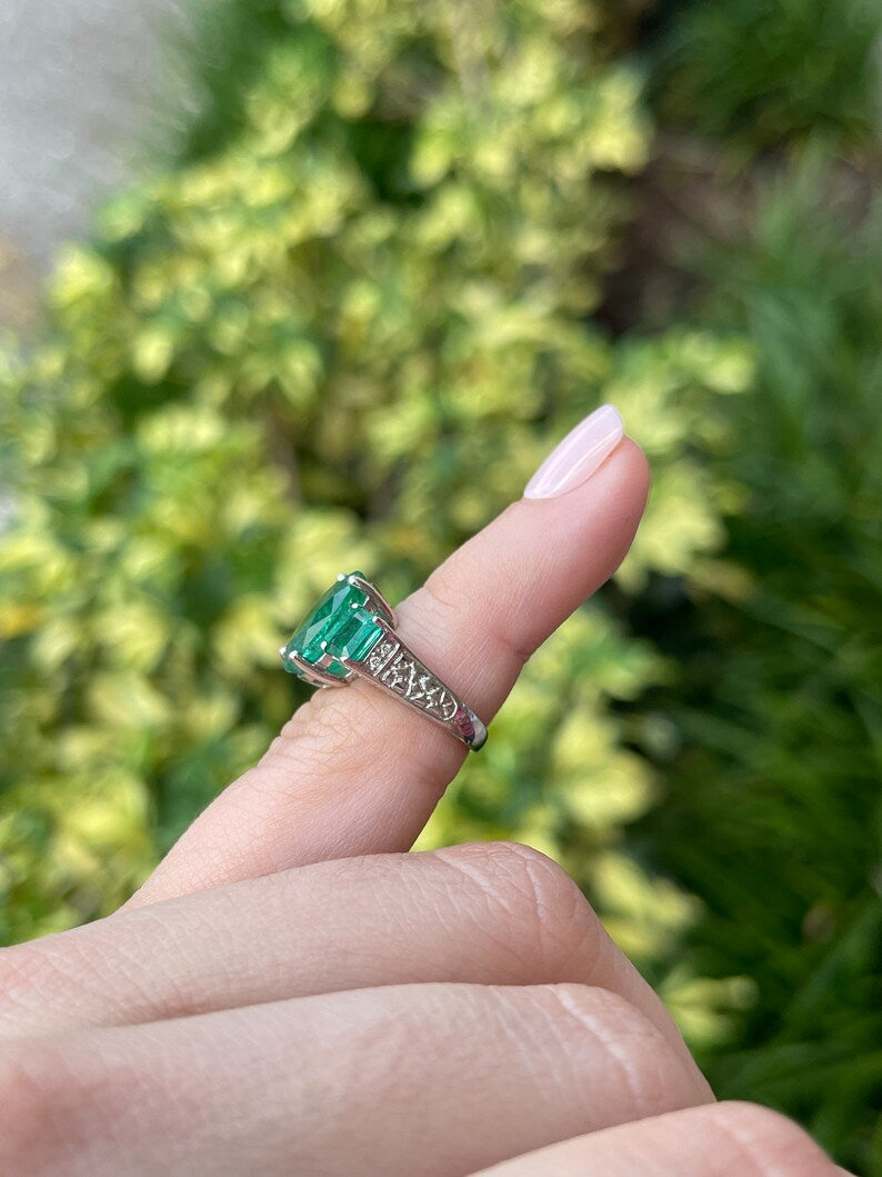 6.07tcw 14K Gold Natural Oval Cut Dark Green Emerald Trilogy 3 Stone Diamond Ring - JR Colombian Emeralds