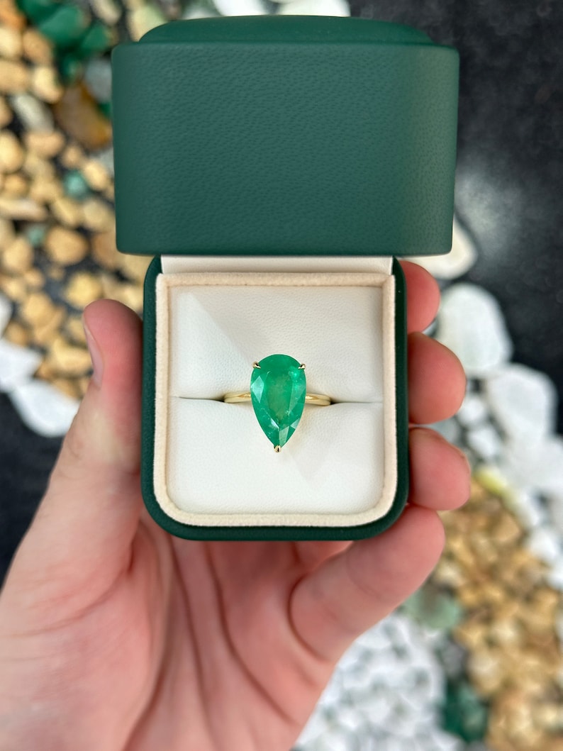 6.28ct 18K Natural Large Rare Pear Cut 750 Claw 3-Prong Set Emerald Solitaire Right Hand Gold Ring - JR Colombian Emeralds