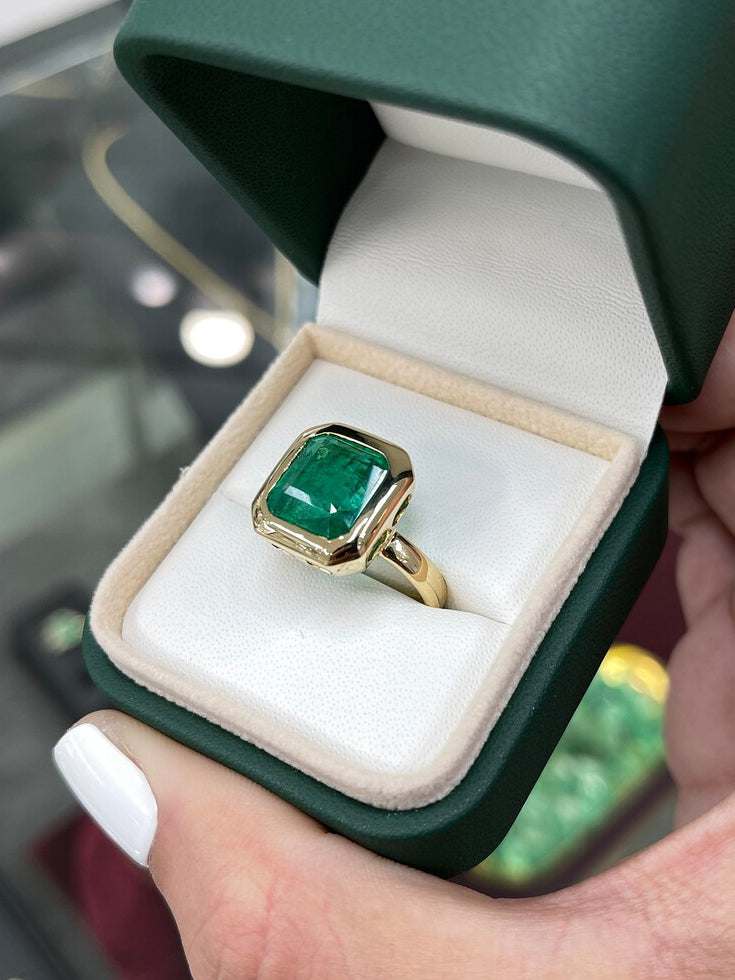 7.58ct 18K AAA Natural Large Emerald-Asscher Cut Solitaire Bezel Set Gold Statement Ring